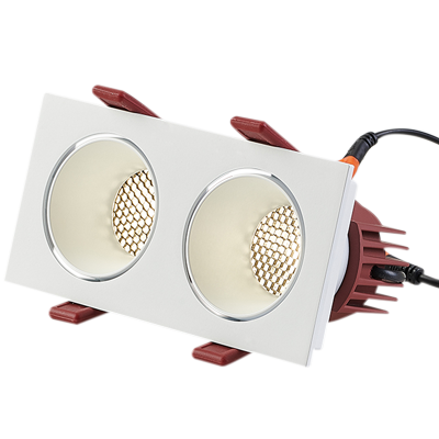 Adjustable double twin heads square trim recessed honeycomb mesh multiple spot down lights anti-glare embedded tiltable dimmable home ceiling spotlights dual rectangle modern multiple downlights