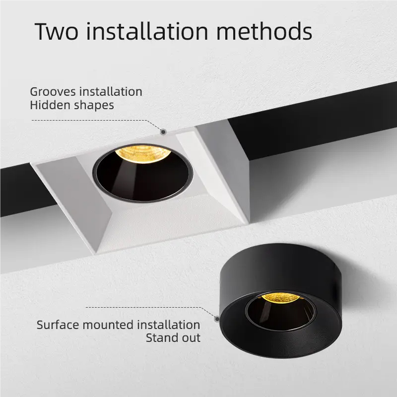 Multi-role recessed surface groove mounting LED 12W round ceiling spot down lights anti-glare phase cut dimmable fixed fire rated Low UGR COB spot downlighter spotlights luminaires white black