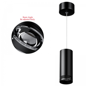 Zoomable Adjustable & Interchangeable Beam-Angle 10-55° LED COB Cylinder Tube Suspended Hanging Pendant Accent Focus Spot Down Lights adjust the beam angle between spotlighting & floodlighting Black