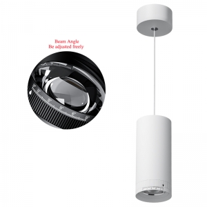 Zoomable Adjustable & Interchangeable Beam-Angle 10-55° LED COB Cylinder Tube Suspended Hanging Pendant Accent Focus Spot Down Lights adjust the beam angle between spotlighting & floodlighting White