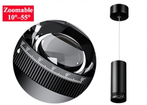 Zoomable Adjustable & Interchangeable Beam-Angle 10-55° LED COB Cylinder Tube Suspended Hanging Pendant Accent Focus Spot Down Lights allow to adjust the beam angle between spotlighting & floodlighting