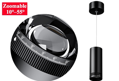 Zoomable Adjustable & Interchangeable Beam-Angle 10-55° LED COB Cylinder Tube Suspended Hanging Pendant Accent Focus Spot Down Lights allow to adjust the beam angle between spotlighting & floodlighting