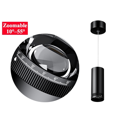 Zoomable Adjustable & Interchangeable Beam-Angle 10-55° LED COB Cylinder Tube Suspended Hanging Pendant Accent Focus Spot Down Lights allow to adjust the beam angle between spotlighting & floodlighting